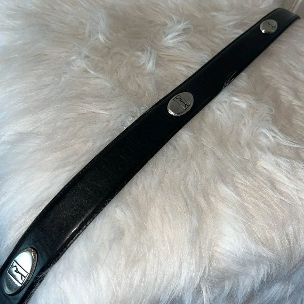 Black leather belt with silver tone golfer/golf conchos and metal tip est men XL